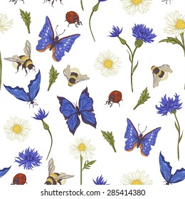Summer Vintage Seamless Pattern with Blooming Chamomile Daisies Ladybird Cornflowers, Bumblebee Bee and Blue Butterflies. Vector Illustration on White Background