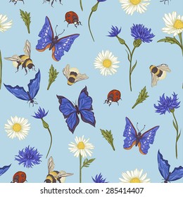Summer Vintage Seamless Pattern with Blooming Chamomile Daisies Ladybird Cornflowers Bumblebee Bee and Blue Butterflies. Vector Illustration on Blue Background