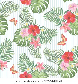 	
Summer vintage seamless pattern with hibiscus, lily, frangipani flowers on striped background. Vector hand drawn tropical background for fabric, wallpaper, book, cover design.
