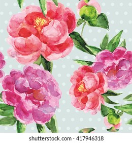 Summer vintage seamless pattern with pions flowers and leaves in boho style, natural greeting card
