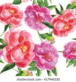 Summer vintage seamless pattern with pions flowers and leaves in boho style, natural greeting card