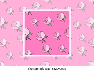 Summer vintage seamless pattern with pions flowers and leaves in pink color, natural greeting card.Vector Seamless Pattern with example how to use in design and decor