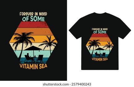 Summer vintage t shirt design, Retro Sunset Summer T Shirt Design with Palm Trees and Ocean Waves Vector, Beach Vibes T Shirt Design Hot Summer Vector Template for Coastal Apparel, Vintage tee Design 
