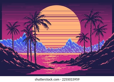 Summer vintage tropical mountains landscape, sea view, 90's , 80's neon colors