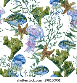 Summer Vintage Watercolor Sea Life Seamless Pattern on white background with Seaweed Coral Algae, Jellyfish and Fish, Underwater Watercolor Vector illustration.