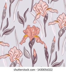 Summer violet  iris blossom hand drawn  print. Modern pastel bloom botany colorful pattern. Natural watercolor spring flower illustration. Flowers and leaves for background, fabric, stationary. 