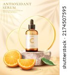 Summer vitamin C cosmetic product ad template. 3d dropper bottle mock-up displayed on sandstone stage with circle glass disks and citrus fruit.