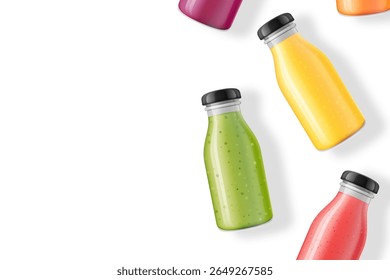Summer vitamin drinks on white background. Illustration of glass bottles with organic juices or smoothies. Vector banner template for healthy eating, detox, and wellness lifestyle. Packaging mockup