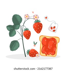 Summer vitamins. Toast and jam with fresh fruit. Cute card or print, vector illustration