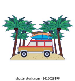 Summer vitnage van with surf tables in the beach cartoon vector illustration graphic design