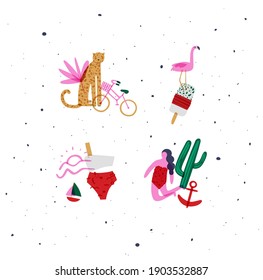 Summer vivid compositions set with flower, cheetah, bike, flamingo, ice cream, sunset, swimsuit, ship, girl, cactus, anchor drawing in vivid color style