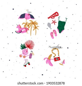 Summer vivid compositions set with seagull, umbrella, watermelon, palm, speaker shell, slippers, swimsuit, leaf, pineapple, sunglasses, rollers, water bottle, airplane, banana boat, camera drawing in 