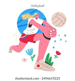Summer volleyball activity concept. Animated athlete in motion, serving the ball in a vivid outdoor setting. Dynamic leisure scene. Vector illustration.