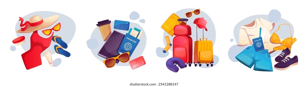 Maleta de viaje de verano. Conjunto de Vector de equipaje de viaje. Icono de cosas de vacaciones en la playa. Sombrero, gafas de sol, bikini y pasaporte para las vacaciones tropicales de verano. Clipart de equipaje femenino para vuelo y aventura