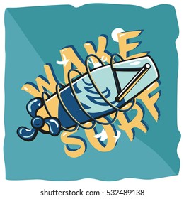 Summer wakeboarding typography vector illustration. Wake surfing concept with wakeboard. Surfing adventure, extreme beach vacation, summer time fun, surf sportswear apparel print, modern youth culture