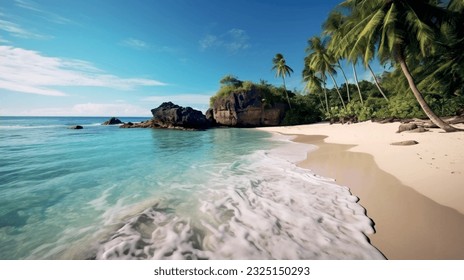 Summer wallpaper, beach with sea shore sea nature resort with waves and sand warm weather vacation. Vector graphics background texture for interior, design, interior decoration, picture for print 