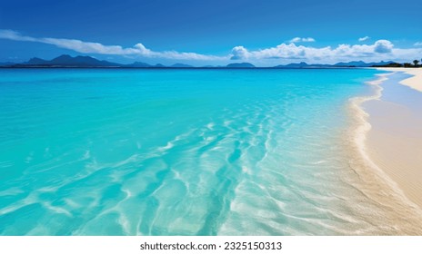 Summer wallpaper, beach with sea shore sea nature resort with waves and sand warm weather vacation. Vector graphics background texture for interior, design, interior decoration, picture for print 