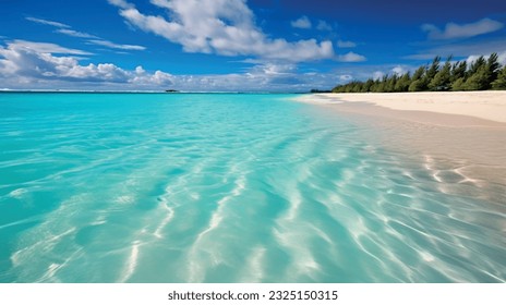 Summer wallpaper, beach with sea shore sea nature resort with waves and sand warm weather vacation. Vector graphics background texture for interior, design, interior decoration, picture for print 