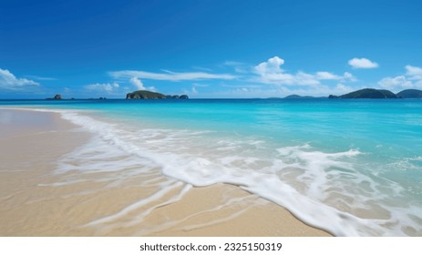 Summer wallpaper, beach with sea shore sea nature resort with waves and sand warm weather vacation. Vector graphics background texture for interior, design, interior decoration, picture for print 