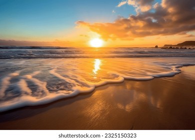 Summer wallpaper, beach with sea shore sea nature resort with waves and sand warm weather vacation. Vector graphics background texture for interior, design, interior decoration, picture for print 
