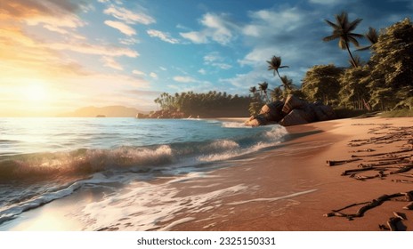 Summer wallpaper, beach with sea shore sea nature resort with waves and sand warm weather vacation. Vector graphics background texture for interior, design, interior decoration, picture for print 