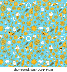 Summer wallpaper with colourful icons. Vector.