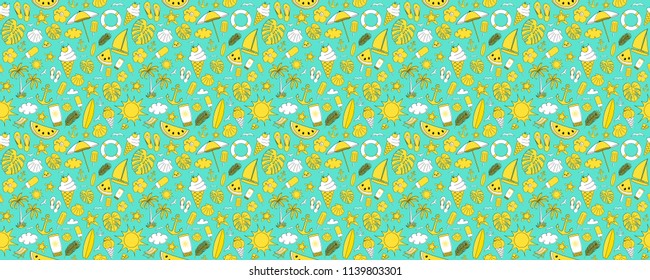 Summer wallpaper with colourful icons. Vector.