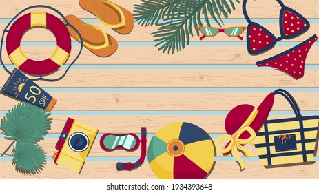 Summer wardrobe items on wooden boards. Palm branch Lifebuoy Beach bag Diving mask bikini hat. Sunglasses. Vector illustration