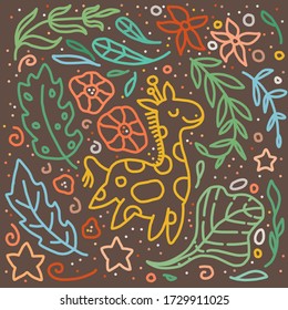 Summer warm color background with funny doodle giraffe, tropical leaves and flowers