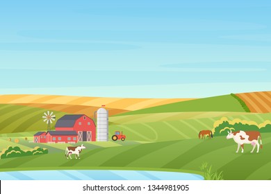 Summer warm weather farm coutryside landscape with eco cottage, barn, windmill, tractor, silage tower, cow, horse, green and orange fields near the blue clean lake flat vector illustration.