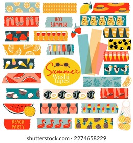 Summer Washi tapes with fruits, popsicles. Vector set. Masking tape or  adhesive strips for frames, scrapbooking, borders, web graphics, crafts, stickers.