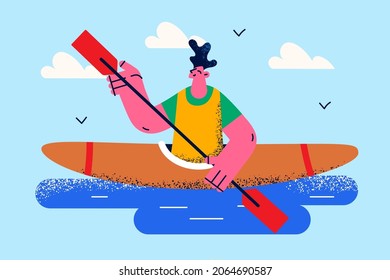 Summer water active leisure concept. Young smiling man cartoon character sitting in kayak paddle and riding through lake living active lifestyle vector illustration 