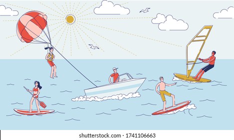 Summer water activities. People in water surfing, riding on sup board, parasailing and windsurfing. Active summertime leisure and extreme vacation concept. Linear vector illustration