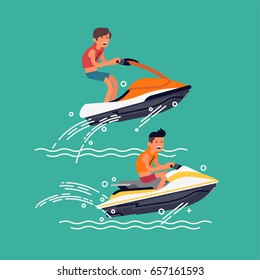 Summer water activities vector illustration with men riding water scooters wearing life jackets