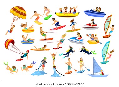Summer water beach sea sports activities. active people, man, woman, couple, family windsurfing, surfing, jet ski, stand up paddleboard, snorkel, scuba dive, tubing, ride speed boat and banana float