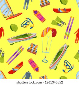 Summer water beach sea sports seamless pattern activities vector illustration. Active people windsurfing, surfing, jet ski snorkel, scuba dive, tubing, ride speed boat banana float tools.