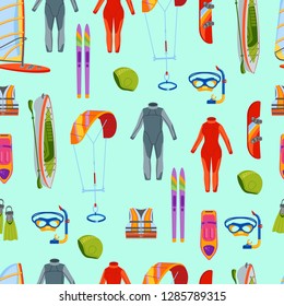 Summer water beach sea sports seamless pattern activities vector illustration. Active people windsurfing, surfing, jet ski snorkel, scuba dive, tubing, ride speed boat banana float tools.