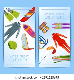 Summer water beach sea sports banners activities vector illustration. Active people watersport windsurfing, surfing, jet ski snorkel, scuba dive, tubing, ride speed boat banana float tools.