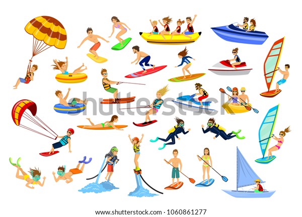 Summer water beach sea sports activities. active\
people, man, woman, couple, family windsurfing, surfing, jet ski,\
stand up paddleboard, snorkel, scuba dive, tubing, ride speed boat\
and banana float