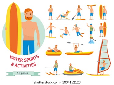 Summer water beach sports, activities set. Man windsurfing, surfing, jet water skiing, paddleboarding, tubing, parasailing, wakeboarding, kitesurfing, Vector cartoon character set flat illustration.