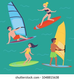 Summer water beach sports, activities. Board with a sail. Men and women standing on the board learning to windsurf and surf. Windsurfer training on the water. Extreme sport. Green background