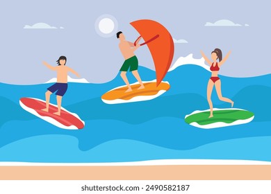 Summer water beach sports, activities 2d flat vector illustration