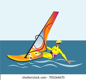 Summer water beach sports, activities. Board with a sail, wetsuit.  Man standing on the board learning to windsurf. Windsurfer training on the water. Extreme sport or windsurfing. Blue background