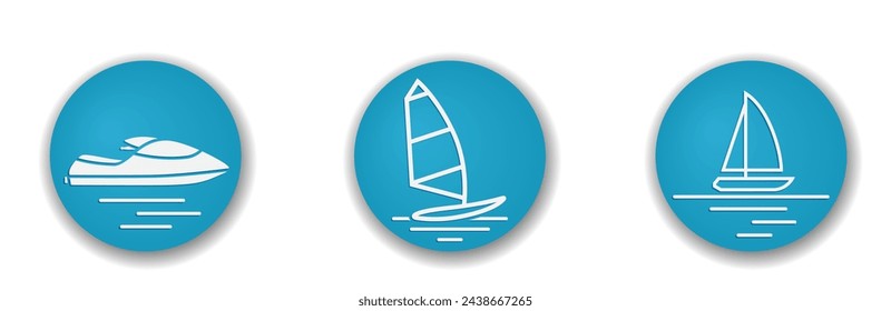 summer water beach sports round icons. windsurfing, sailing yacht and jet ski symbols. vector color illustration for tourism and vacation design