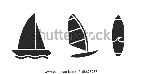 summer water beach sports. windsurfing, surfing\
and yacht icons. sea vacation symbols. isolated vector image for\
tourism design
