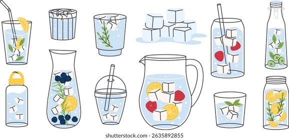 Summer Water Drinks line art hand drawn vector illustration set. Detox beverage in glasses, pitchers and bottles with ice and fruit. Healthy refreshing mineral cocktails, natural hydration, icons