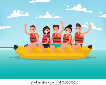 Summer Water Fun. Men And Women Ride On A Banana Boat. Vector Illustration Of A Flat Design