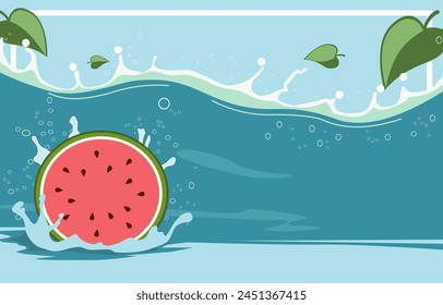 Summer Water Line Frame Background with Watermelon in Beach Sea Ocean