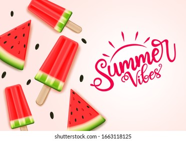 Summer water melon vector banner template. Summer vibes text with tropical fruit water melon and popsicle elements in pink background. Vector illustration.