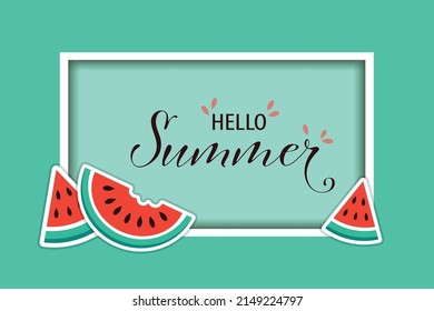 Summer water melon vector banner template. Summer vibes text with tropical fruit water melon and popsicle elements in pink background. Vector illustration.